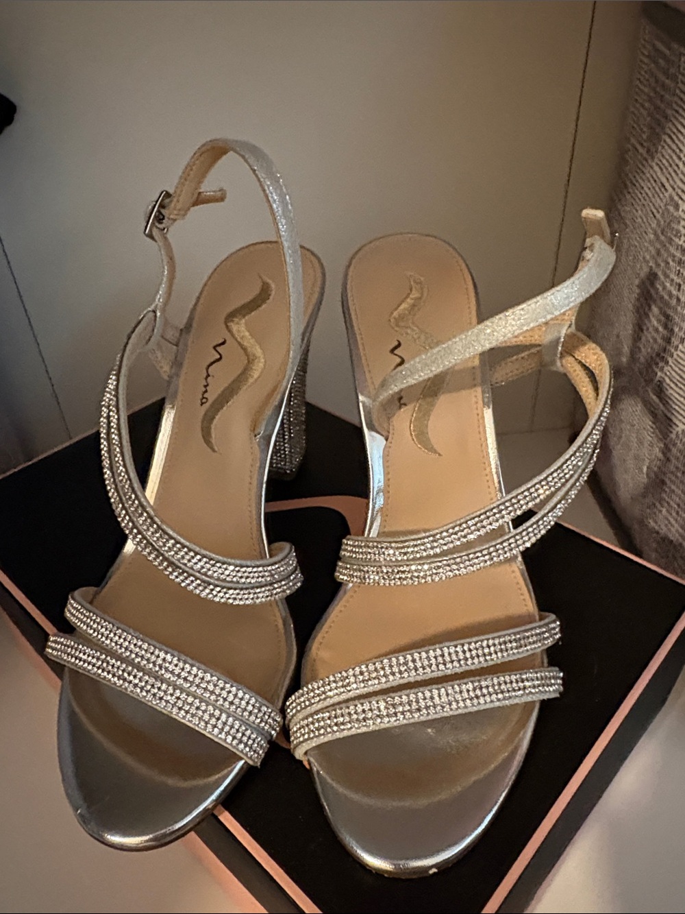 Nina Sparkling Silver Rhinestone Strappy Heels